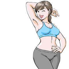 セクシーなポーズを決めるスポーツウェアの若い女性_上半身_ウィンク