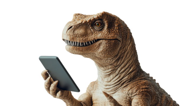 Digital Dinosaur: A Tyrannosaurus Rex engrossed in modern technology, holding a digital tablet with a look of fascination, creating a humorous juxtaposition of past and present.