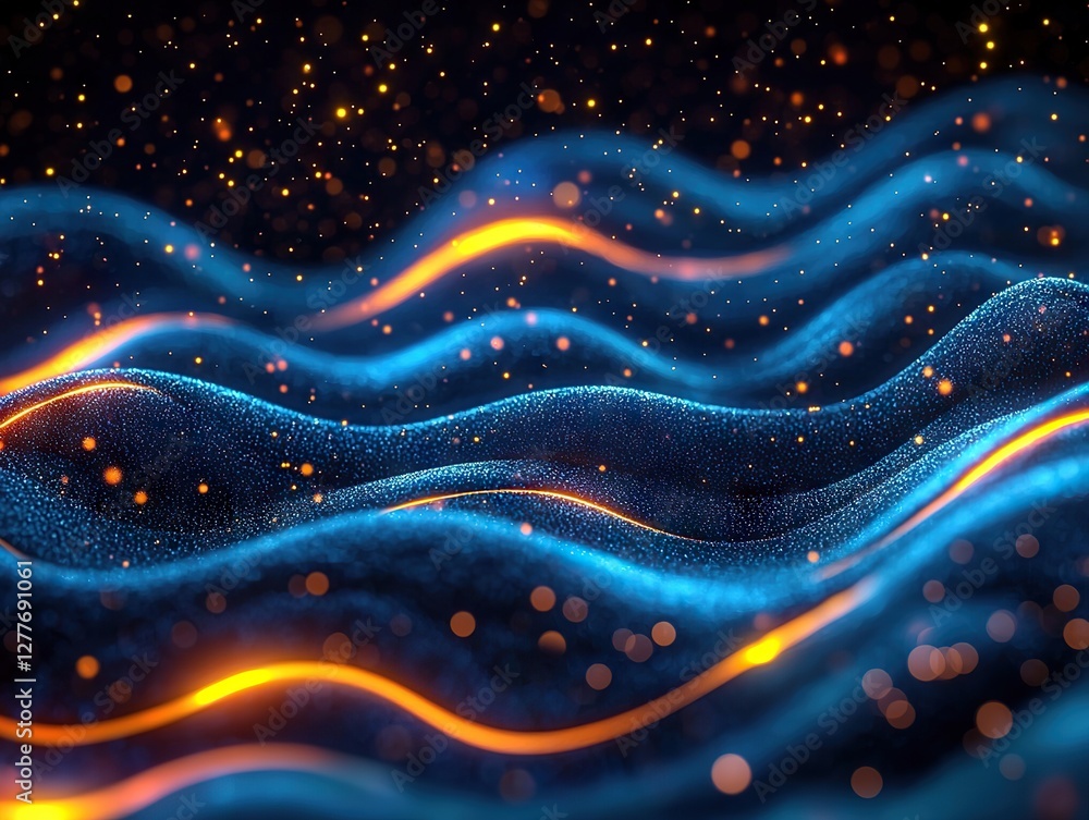 Poster dynamic wave patterns with glowing particles abstract creative art digital environment vibrant color