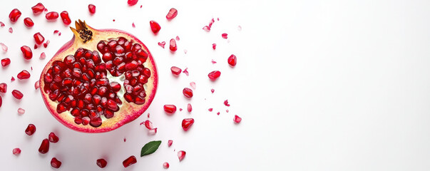 Fresh pomegranate half with scattered seeds on white background, showcasing vibrant red colors and juicy texture, perfect for healthy eating and culinary uses