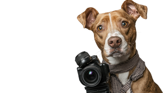 Dog Photographer's Pawsitive Perspective: A charming dog, accessorized with a scarf, holds a camera, conveying a unique perspective and a touch of humor, ready to capture memorable moments.