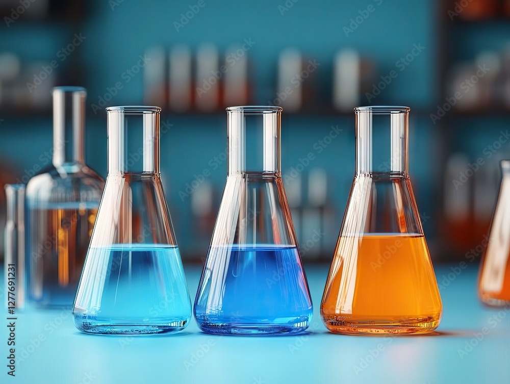 Poster chemical experiment with colorful solutions in laboratory science environment laboratory viewpoint