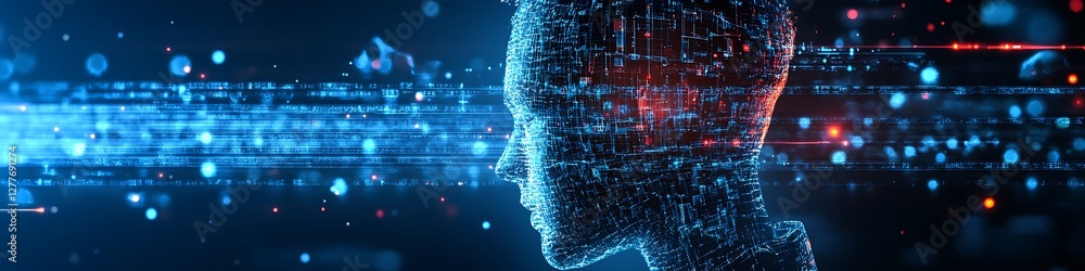 Poster digital head emerging from data streams