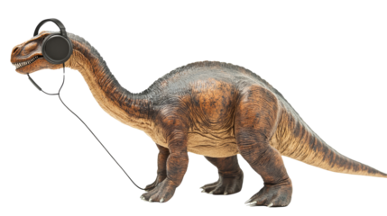 Dinosaur Tunes: A whimsical illustration of a Brachiosaurus, seemingly lost in the music, sporting headphones, creating a delightful blend of prehistoric charm and modern technology.