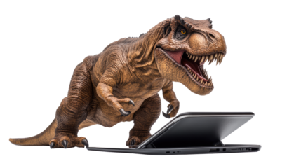 Tyrannosaurus Rex and Technology: A humorous and unexpected scene presents a Tyrannosaurus Rex engrossed in a tablet. The image showcases a blend of the prehistoric and modern worlds.