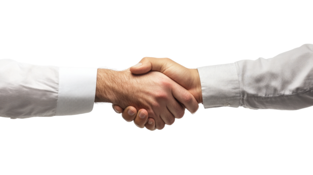 Handshake Deal: Two hands clasped firmly in a business handshake, symbolizing agreement, partnership, and successful collaboration