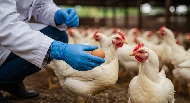 A focused scientist in protective gloves examines a chicken egg against a white hen, highlighting biosecurity measures and disease prevention in poultry farming during an avian flu outbreak.