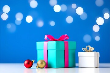 Festive Holiday Gifts: Turquoise Gift Box with Pink Ribbon, White Gift Box, Ornaments, Bokeh Lights on Blue Background - Christmas Presents Image