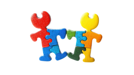 Connected Puzzle Pieces: Two brightly colored puzzle piece figures standing side by side, symbolizing connection, unity, and collaboration, fostering a sense of togetherness.