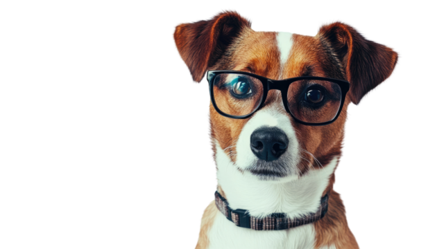 Smart Canine: A charming dog sports glasses, looking intellectual and endearing in a close-up shot, perfectly captures the playful side of intelligence and companionship.