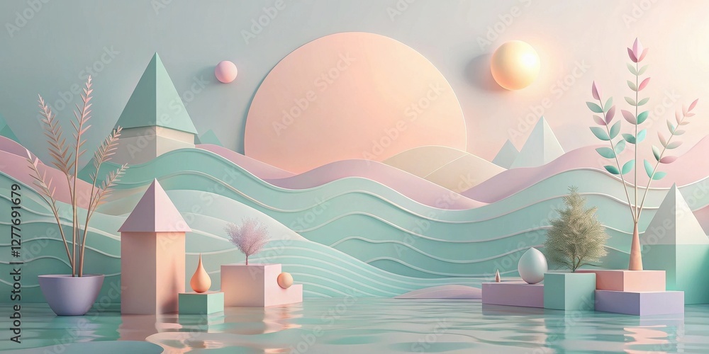 Wall mural pastel dreamscape serene abstract composition of geometric forms and flora in a reflective pool