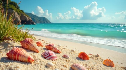 Seashells scattered on a pristine beach, near turquoise ocean waves and lush green vegetation under a bright sunny sky, creating a tranquil summer scene