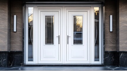 Fototapeta premium Elegant White Double Doors with Glass Inserts, Modern Home Entrance