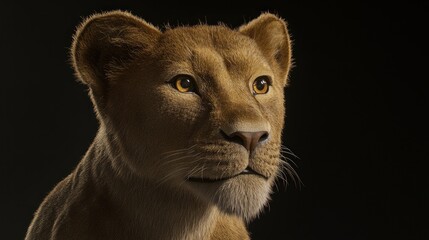 Naklejka premium Magnificent Lioness Portrait: A Stunning Close-Up of a Female Lion in a Dark Setting