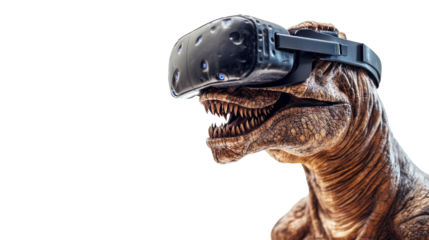 Dinosaur in VR Headset: A close-up image shows a dinosaur with a VR headset, blending technology and prehistoric times. This thought-provoking image could represent virtual reality.