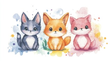 Fototapeta premium Cute cartoon animals, three adorable animals, sitting together, colorful background, childish design, watercolor style, happy expressions, adorable creatures.