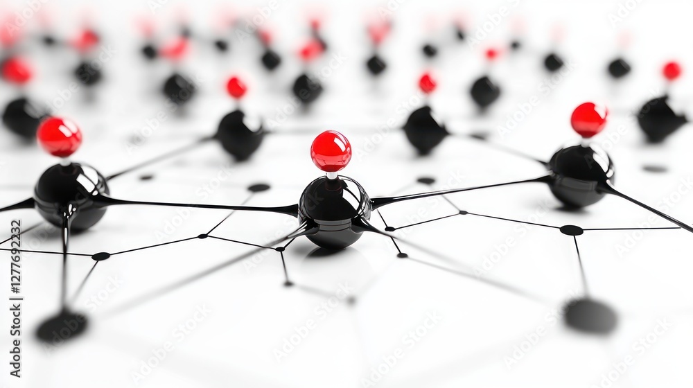 Poster abstract network connection with red and black spheres on white surface represents connectivity and 