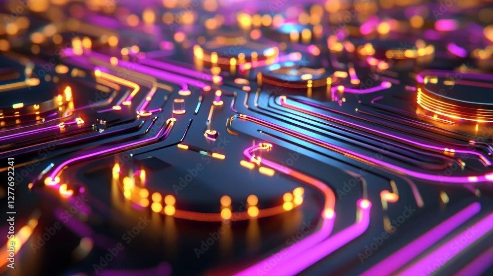 Aufkleber abstract motherboard circuit design with glowing purple and orange lights creating a futuristic tech