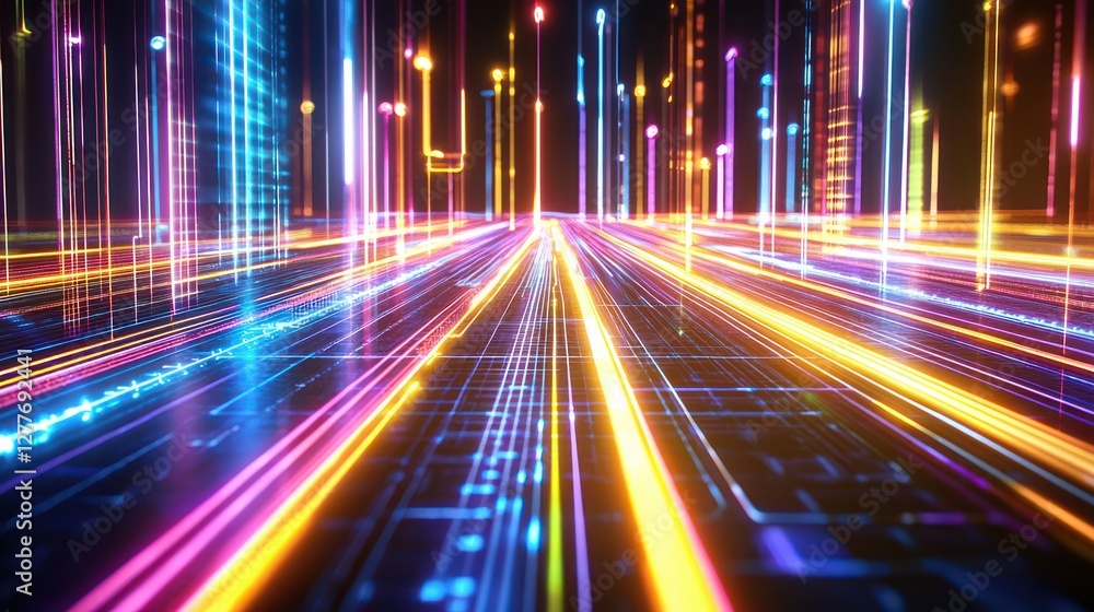 Poster abstract neon light trails on dark background capturing futuristic technology and data flow with a l