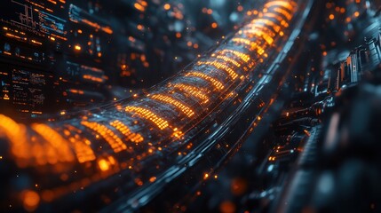 Cyberpunk Digital Corridor: Futuristic Technology, Abstract Data Stream, Glowing Orange and Blue Hues, Sci-Fi Artwork, High-Tech Infrastructure