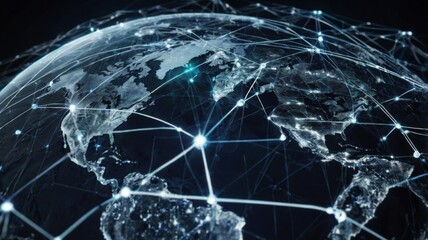 A futuristic world map with glowing digital connections, symbolizing global networking and advanced technology, with data streams and bright points linking different regions.

