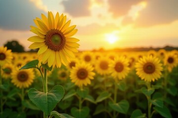 Fototapeta premium Golden Hour Sunflower Field A Single Blossom Stands Tall Against a Sunset
