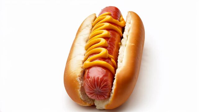 Yellow Mustard hotdog on white background	, turning object
