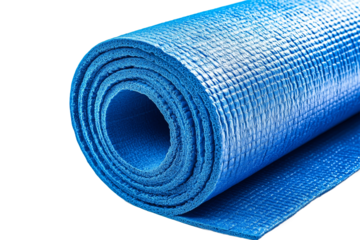 Blue exercise mat rolled up for fitness activities