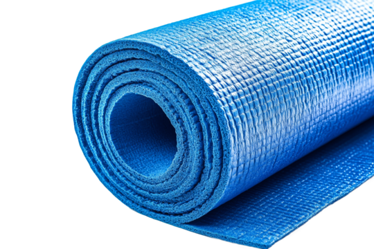 Blue exercise mat rolled up for fitness activities