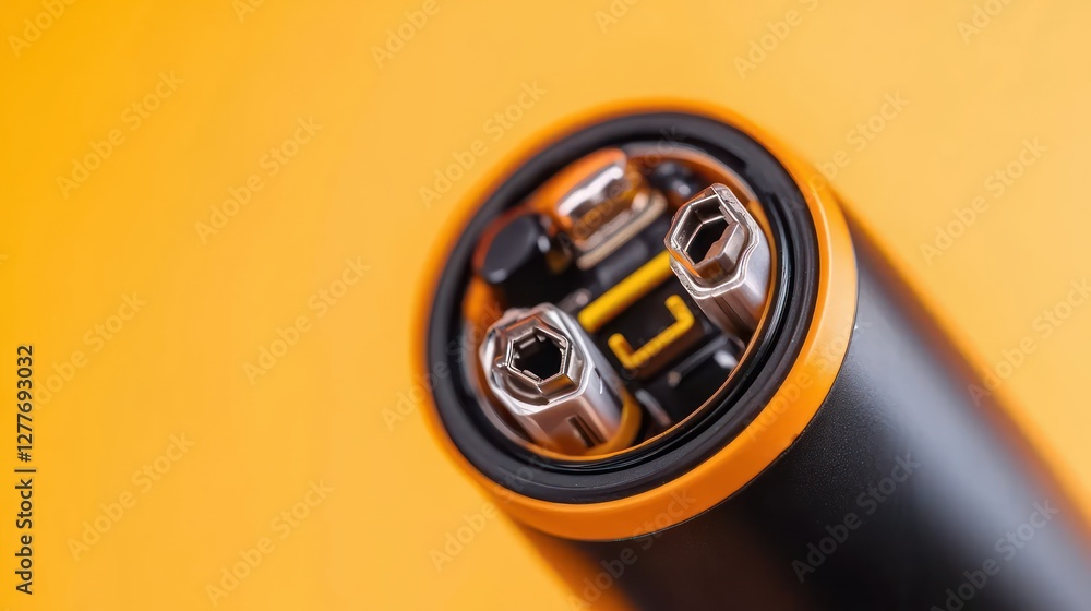 Poster close up of a versatile multi tool with screwdriver bits on a vibrant yellow background showcasing p