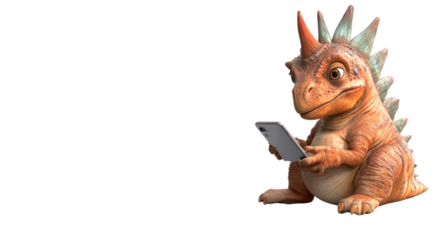 Dinosaur Digital: A charming dinosaur is engrossed in a smartphone. A whimsical digital image of a creature embracing modern technology and staying connected, perfect for those seeking a lighthearted.