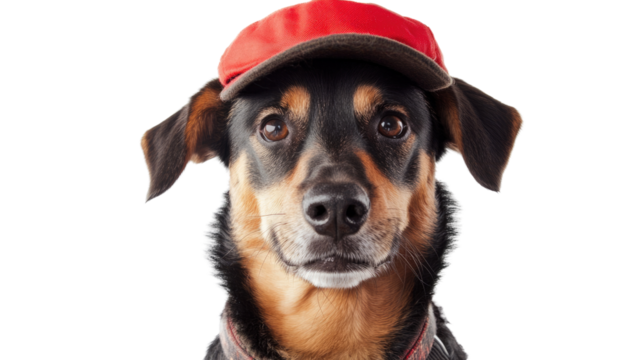 Dog Wearing Cap Portrait: An adorable dog dons a red cap, its expressive eyes meeting the viewer with charm, a playful and endearing depiction of canine fashion and personality.