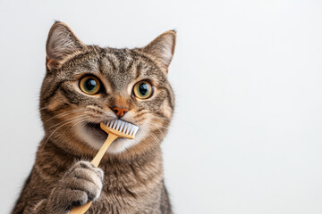 Cat Brushing Teeth On White Background - Adorable tabby cat on white background brushing its teeth, symbolizing pet hygiene, dental care, healthy habits, playful pets, and veterinary wellness
