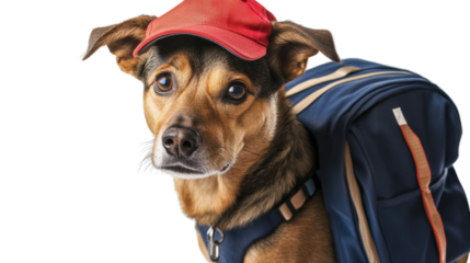 Adventurous Canine: A charming dog, ready for exploration, donned with a backpack and cap, gazing with hopeful anticipation, epitomizes the spirit of journey, outdoor adventures and travel.
