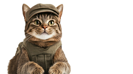 "Cat Soldier: A captivating feline, dressed in military-inspired attire, embodies a blend of playful charm and a touch of daring adventure."
