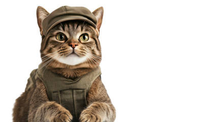 "Cat Soldier: A captivating feline, dressed in military-inspired attire, embodies a blend of playful charm and a touch of daring adventure."