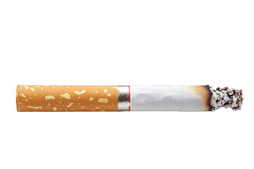 A lit cigarette with a brown filter and white paper, showcasing smoke and ash.