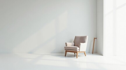 A serene minimalist room featuring a light beige armchair on a bright white floor, bathed in soft sunlight filtering through a nearby window, creating a peaceful and inviting atmosphere