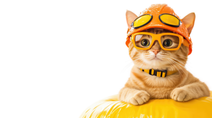 Whimsical Cat in Construction Gear: A ginger kitten playfully dons a construction helmet, safety goggles, and a tool belt, embodying the spirit of resourcefulness and playful industriousness.