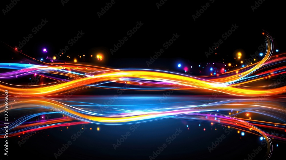 Poster dynamic light streaks on black background creating vibrant abstract design with colorful glowing eff
