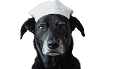 Chef Dog's Culinary Capers: A close-up shot of a black dog wearing a chef's hat, gazing intently at the camera, blending the warmth of canine charm with a culinary theme.