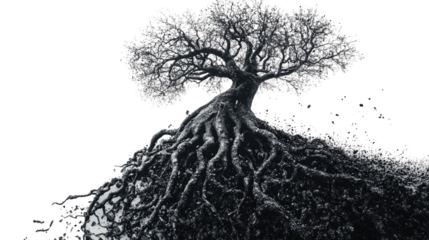 Tree of Life: A striking image of a bare tree with sprawling roots, symbolizing strength and resilience, stands in stark contrast against a bright backdrop.