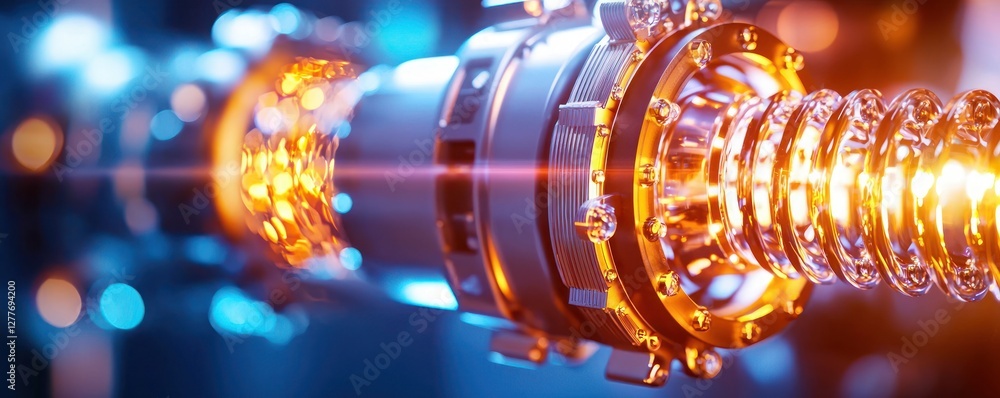 Poster captivating close up of a complex mechanical assembly with intricate details and vibrant lighting sh
