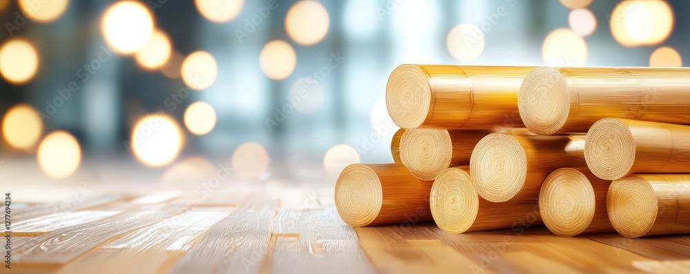 Poster warm golden wooden dowels stacked on a glossy wooden surface with a bokeh background creating a cozy