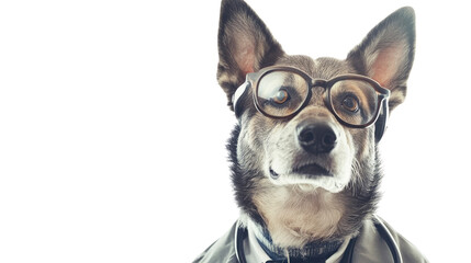 Smart Canine: An intelligent dog sports a pair of glasses, dressed smartly, offering a humorous and clever twist, while peering intently at the viewer.