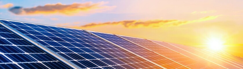 Solar Panel Array Harnessing Sunlight at Golden Hour for Sustainable Energy Production and Clean Power Generation under a Vibrant Sky