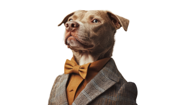 Dapper Dog: A well-groomed dog, smartly dressed in a suit and bow tie, strikes a pose of refined elegance.