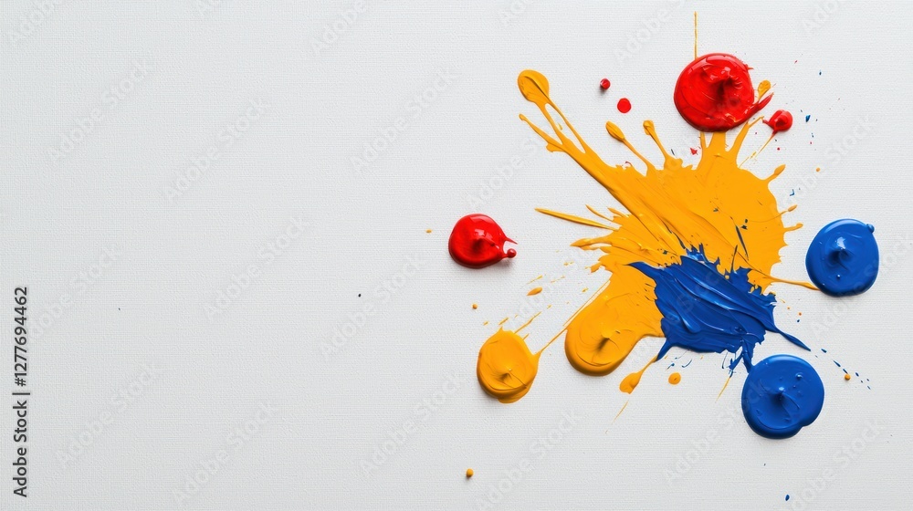 Poster artistic expression with vibrant primary colors splashed on white canvas background in studio shot