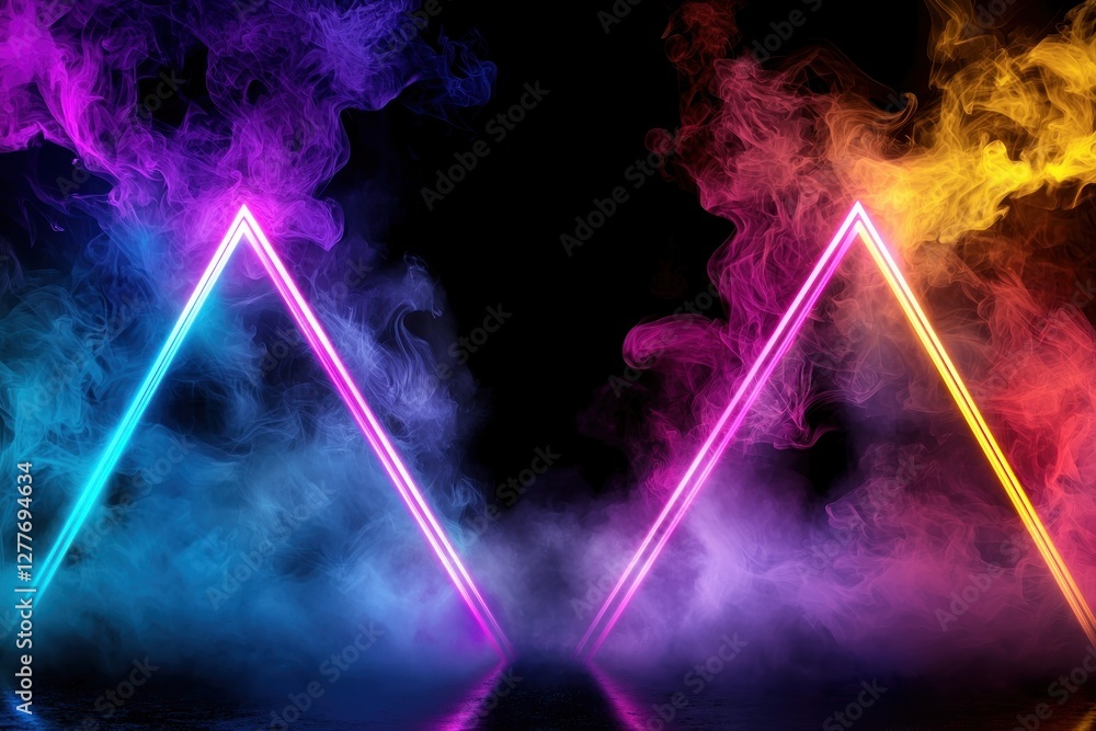 Aufkleber geometric triangle neon light with colorful smoke in a dark room creating a futuristic and modern ab
