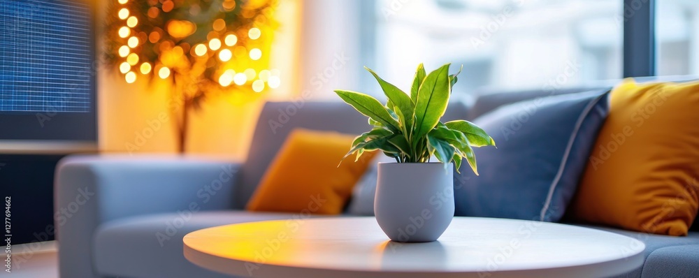 Poster serene indoor scene of a potted plant on a round table with soft focus background of sofa and warm l